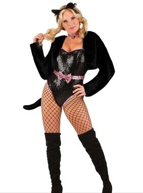 4pc Black Sequin Cat Deluxe Costume W/Bodysuit, Fur Shrug, Cat Ears & Collar (M)